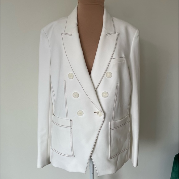 VERONICA BEARD Cosmo Dickey Off White Brown Contrast Topstitching Jacket Size 16 - Picture 4 of 14